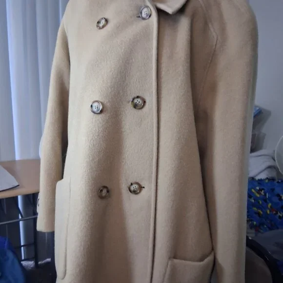 Alfred Dunner Beige Double Breasted Wool Blend Peacoat - Size 14